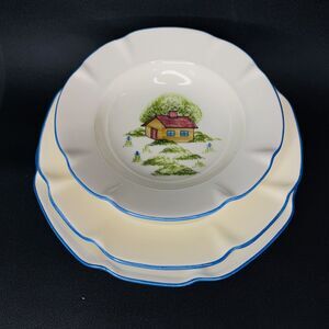 3 NS Gustin Los Angeles Pottery Serving Bowl Plate Blue Red Roofed Farm House